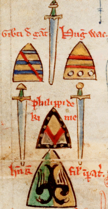 Shields of numerous deceased knights (1242). MS 16, f.155v[156vr].
                    Reproduced by permission of the Master and Fellows of Corpus Christi College, Cambridge.