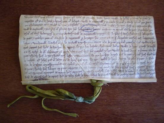 Contract between William I du Hommet and his kinsman Adam de Port, dividing the inheritance of their forebears Enguerrand and Gilbert de Say at Langrune-sur-Mer (Calvados, cant. Douvres-la-Délivrande) and elsewhere (pre-1190, probably 1180s).  Caen, AD Calvados, H 912 (reproduced by permission of the Archives du Calvados).