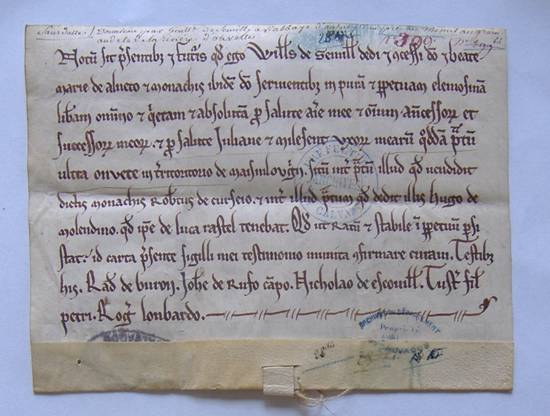 Act of William I de Semilly in favour of the abbey of Aunay, to endow prayers for the souls of his wives Juliana and Melisende (early 13th century).    Caen, AD Calvados, H 958 (reproduced by permission of the Archives du Calvados).