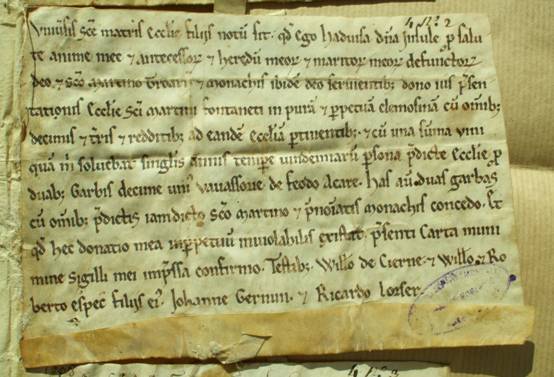 Charter of Hawise, lady of l'Isle, granting the church of Fontenai-sur-Orne (Orne, cant. Argentan) to the monks of Troarn (late 12th or early 13th century).  Alençon, AD Orne, H 1193 (reproduced by permission of the Archives de l'Orne).