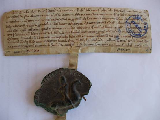 Sealed charter of 'Count Robert son of Count John' (Count Robert of Alençon, d.1217) for the abbey of St-André-en-Gouffern (undated, 1191 x 1200).  Caen, AD Calvados, H 6512, no. 4 (reproduced by permission of the Archives du Calvados).