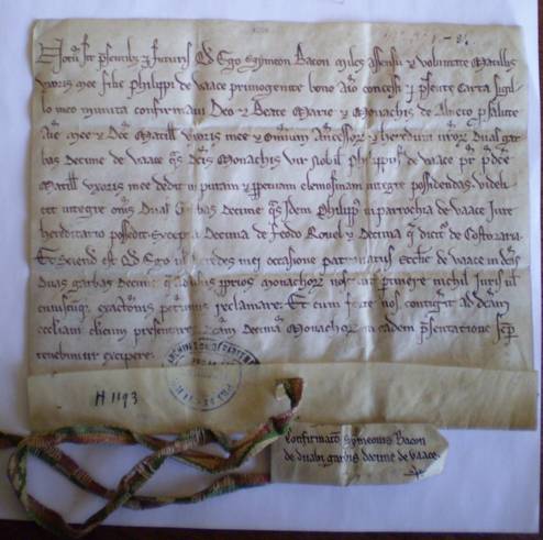 Charter of Simeon Bacon, knight, confirming the gifts of tithes at Vassy (Calvados, ar. Vire) made to the abbey of Aunay by Philip de Vassy, father of Simeon's wife Matilda (undated, c.1220).  Caen, AD Calvados, H 1193 (reproduced by permission of the Archives du Calvados).